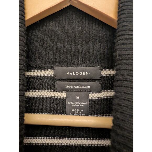 Halogen Striped Cashmere Turtleneck Pullover Sweater Black White Dark Academia - Picture 2 of 3